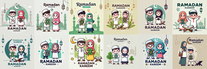 set Vector Illustration Of Muslim Kids Celebrating Ramadan in flat design style