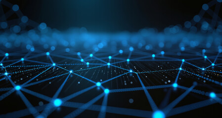 A dark background with a network of blue dots and lines, representing blockchain technology and digital connectivity.