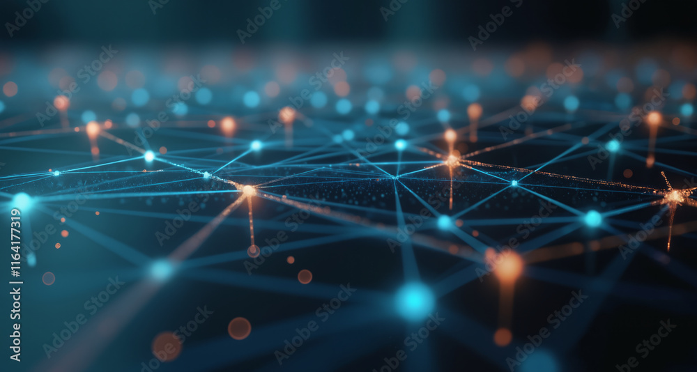 Poster a network of interconnected lines and dots against a dark background, illustrating connectivity, dat