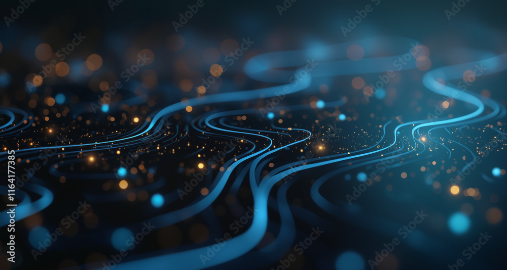 Poster this image showcases a dark blue background adorned with bright, glowing lines and dots, symbolizing