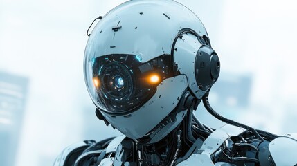 Fototapeta premium Close-up of a futuristic robot head with glowing eyes, set against a blurred cityscape background.