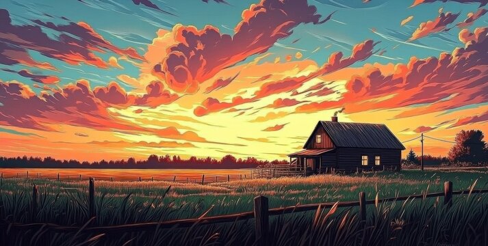 Serene farm landscape at sunset illustrated in vibrant colors.