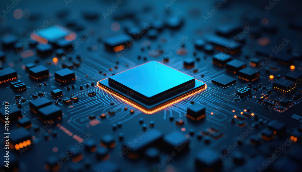 Poster blue processor on dark circuit board: a blue processor on a dark circuit board, surrounded by connec