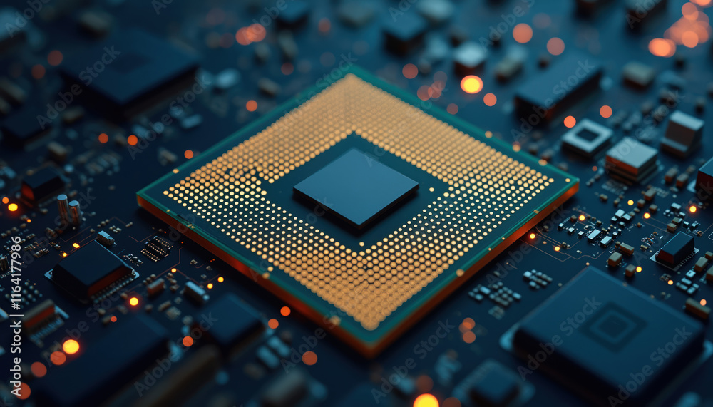 Poster advanced processor with gold contacts: a processor with gold contacts on a circuit board, symbolizin