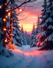 Paysage de for&ecirc;t avec sapins enneig&eacute;s au coucher du soleil