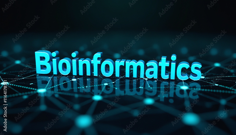 Poster bioinformatics text in digital network: the term bioinformatics highlighted within a connected grid,