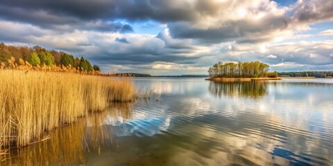 Fototapeta premium Serene lake shore at Ruhiges Seeufer am Scharm?tzelsee in Brandenburg with tall reeds and a overcast sky, nature, landscape