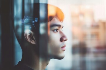 Young man reflecting on life while gazing out of a window in a modern urban setting