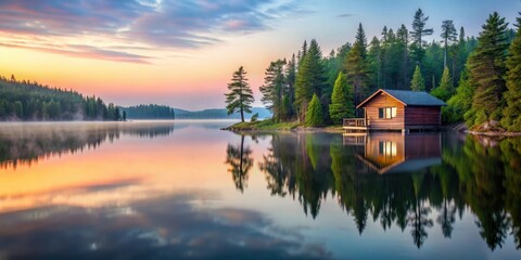 Obraz premium Cabin on a lake in Algonquin Provincial Park at dawn, natural beauty, lake, natural beauty, lake, solitude