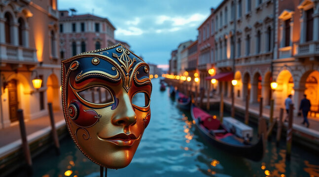 Traditional Venetian Bauta mask displayed against the backdrop of a historic Venetian canal at dusk