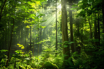Obraz premium Serene Woodland Escape: A Symphony of Green Foliage and Dappled Sunlight in a Lush, Untamed Forest