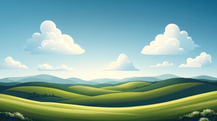 Obraz premium Idyllic rolling green hills under a bright blue sky with fluffy white clouds.