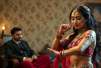 A dancer does a belly dance in front of a wealthy man.