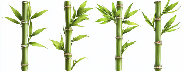 Obraz premium Realistic illustration of four green bamboo stalks with leaves, showcasing natural texture and vibrant details