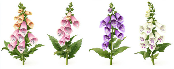 Four realistic digital illustrations of foxglove flowers pink, orange, purple, and white shades, showcasing their vibrant