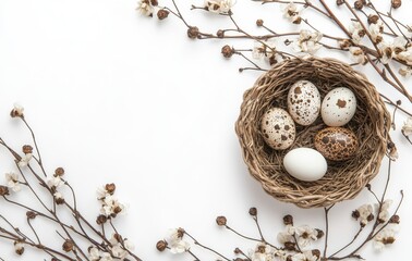A Nest Filled with Beautifully Speckled Eggs Surrounded by Delicate Cotton Flowers on a White Background for a Tranquil Spring or Easter Theme