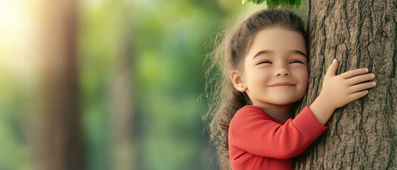 Joyful child embracing tree in serene nature capturing innocence soft light peaceful environment