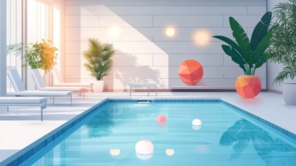 Sunlit indoor pool with lounge chairs and plants. (2)