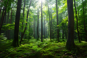 Obraz premium Serene Woodland Escape: A Symphony of Green Foliage and Dappled Sunlight in a Lush, Untamed Forest
