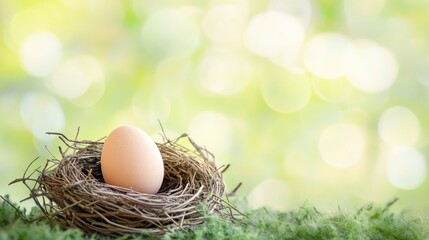 Obraz premium An empty bird's nest with a single painted egg and space for text on a soft green bokeh background.