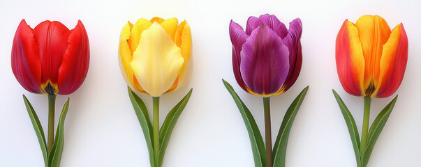 Fototapeta premium Four vibrant tulips in red, yellow, purple, and orange displayed on white background