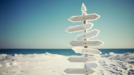 Set of wooden signposts covered in snow and icicles
