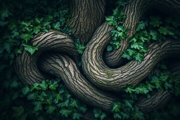 Intertwined tree roots and green ivy.