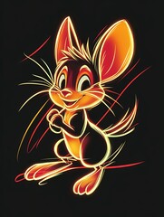 Obraz premium A cheerful cartoon mouse with glowing orange and red outlines, against a black background, in a playful pose.