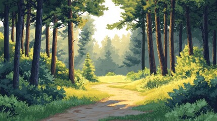 Fototapeta premium Sunlit path winding through a lush green pine forest.