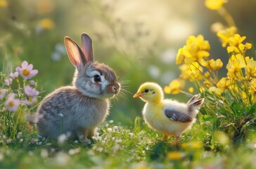 Fototapeta premium Adorable Baby Bunny and Chick Surrounded by Bright Wildflowers in a Spring Meadow, Capturing the Essence of Nature's Harmony and Innocent Joy