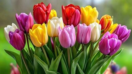 Obraz premium A close-up of a tulip bouquet in soft pastel hues, with a blurred background and plenty of space for text.