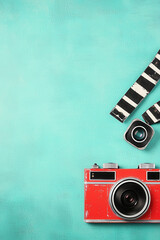 Retro red camera with film on turquoise background