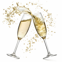 champagne glasses clinking in celebration, framed by a romantic heartfelt glow isolated on white background