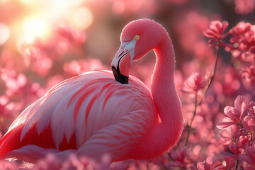 Naklejka premium Graceful pink flamingo captured in a stunning close-up, highlighting its vibrant feathers, elegant curves, and serene beauty. A perfect representation of nature’s artistry.