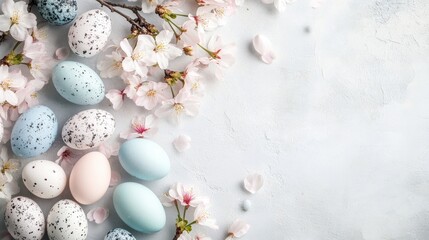 Fototapeta premium A delicate floral arrangement featuring cherry blossoms and Easter eggs on a light gray background with negative space.