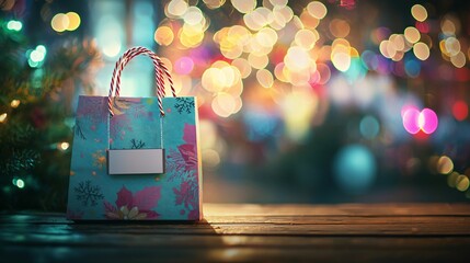 Festive shopping bag with return label on wooden table, symbolizing post-holiday returns and consumer shopping behavior during the holiday season.