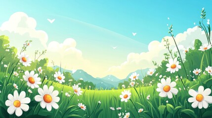 Sunny meadow with daisies, green grass, and distant mountains.