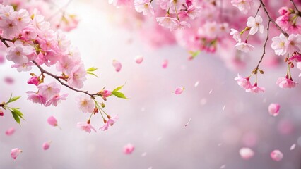 Fototapeta premium Soft pink sakura petals gently falling from a tree branch against a soft white background in spring