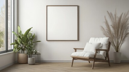 Serene Minimalist Living Room Interior Design with a Wooden Armchair