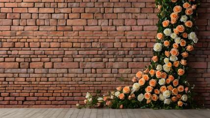 Wedding wall background with brick motif decorated with roses.