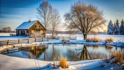 Fototapeta premium A rural house with a snow-covered fence in the background, surrounded by bare trees and a frozen pond , frozenpond