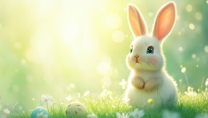 Fototapeta premium Adorable Cute Bunny Sitting on Green Grass with Colorful Easter Eggs Surrounded by Soft Light and Flower Petals, Creating a Whimsical Spring Scene