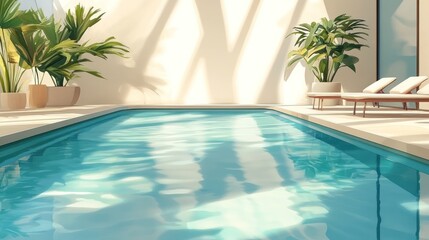 Indoor pool with sunlit reflections, plants, and lounge chairs.