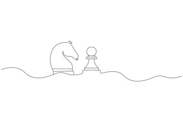 Knight chess one line drawing and Knight chess continuous isolated outline flat vector illustration