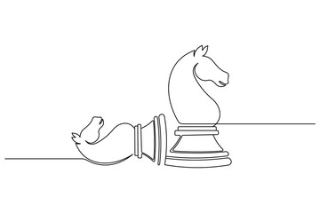 Knight chess one line drawing and Knight chess continuous isolated outline flat vector illustration