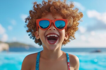 A cheerful child in bright sunglasses, radiating joy and innocence under a sunny blue sky.