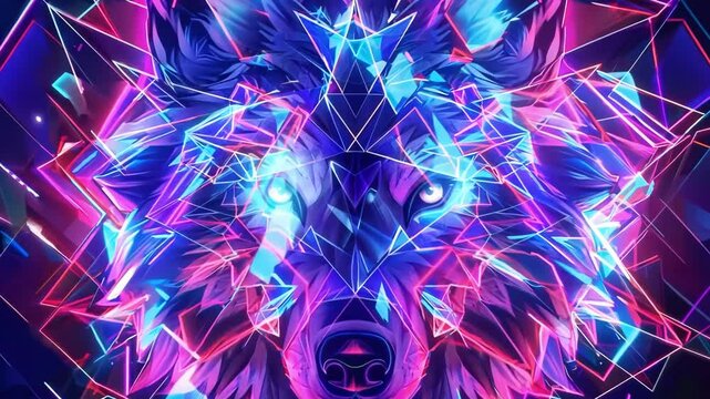 Neon wolf face with vibrant geometric patterns in abstract animation