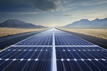 Renewable energy generation with solar panels along a desert highway at sunset
