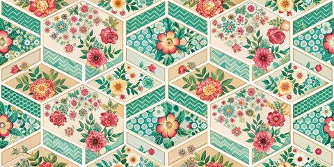 Geometric Floral Pattern with Hexagons and Chevrons, fashion, floral pattern,  fashion, floral pattern
