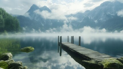 Serene Mountain Lake with Old Wooden Pier Under Clear Skies